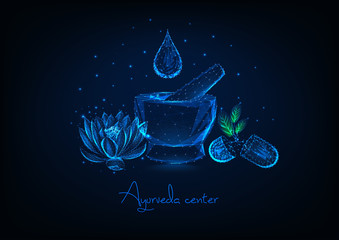 Futuristic ayurveda center concept with mortar, essential oil drop, lotus flower and herbal pills