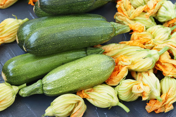 Vegetables and flowers of zucchini, located on a dark background in random order