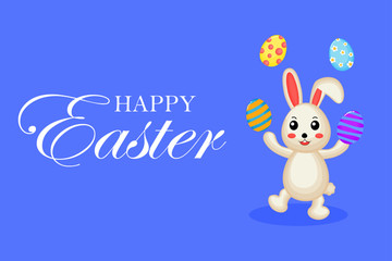 Happy Easter greeting card. with bunny and eggs. the season of joy. Animal wildlife cartoon character. Cute Rabbit. Isolated on blue background. Vector illustration. 