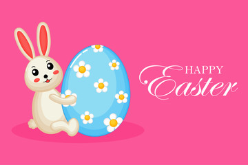 Happy Easter greeting card. with bunny and eggs. the season of joy. Animal wildlife cartoon character. Cute Rabbit. Isolated on pink background. Vector illustration. 