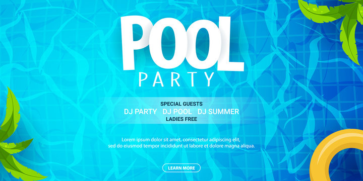 Summer pool party poster template. Water and palms, inflatable yellow mattress. Vector illustration.