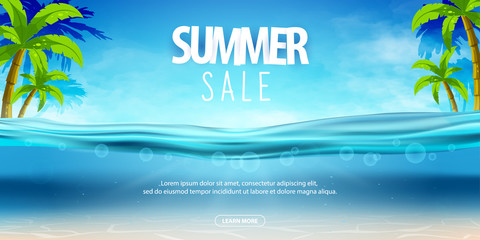 Fototapeta na wymiar Summer sea party, sale posters. Vector illustration with deep underwater ocean scene. Background with realistic clouds and palms. 