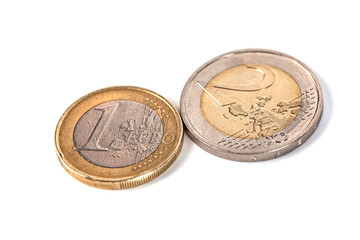 European coin of one and Two euros, isolated on a white background