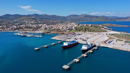 Naklejka na ściany i meble Aerial drone photo of famous port of Lavrio in South Attica where passenger ships travel to popular Aegean destinations, Greece