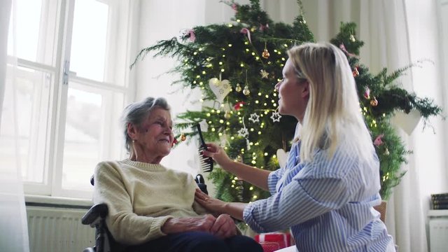 A health visitor combing hair of senior woman at home at Christmas time.