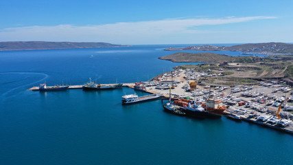 Fototapeta na wymiar Aerial drone photo of famous port of Lavrio in South Attica where passenger ships travel to popular Aegean destinations, Greece