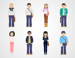 College Students. Diverse College Students - Isolated On Gray Background - Vector Illustration. University People Icon Set. Flat Design Of Young Man And Woman. People With Characters And Professions