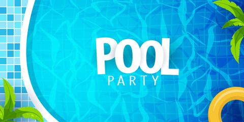 Summer pool party poster template. Water and palms, inflatable yellow mattress. Vector illustration.