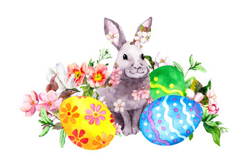 Easter bunny in spring flowers with colored eggs, grass, pink flowers. Watercolor