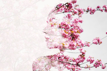 Fototapety  Double exposure photo made with portrait of young beautiful woman and blooming sakura