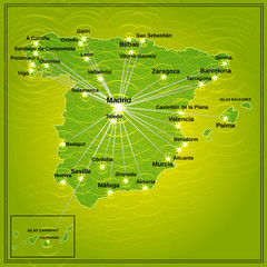 Bright illustration with map of Spain. Illustration with Spain map in green colors.