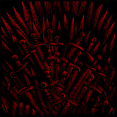The throne and cold weapons of the Middle Ages and swords or T-shirt design or outwear. Hunting swords of king background.