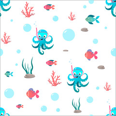 Illustration vector pattern of cute and funny octopus diver with snorkeling mask and snorkel on the white background. Fish, octopus, corals, seaweed. For kids and babies funny pattern.