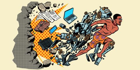 the robot turns into a human, artificial intelligence. afro american breaking the wall of stereotypes