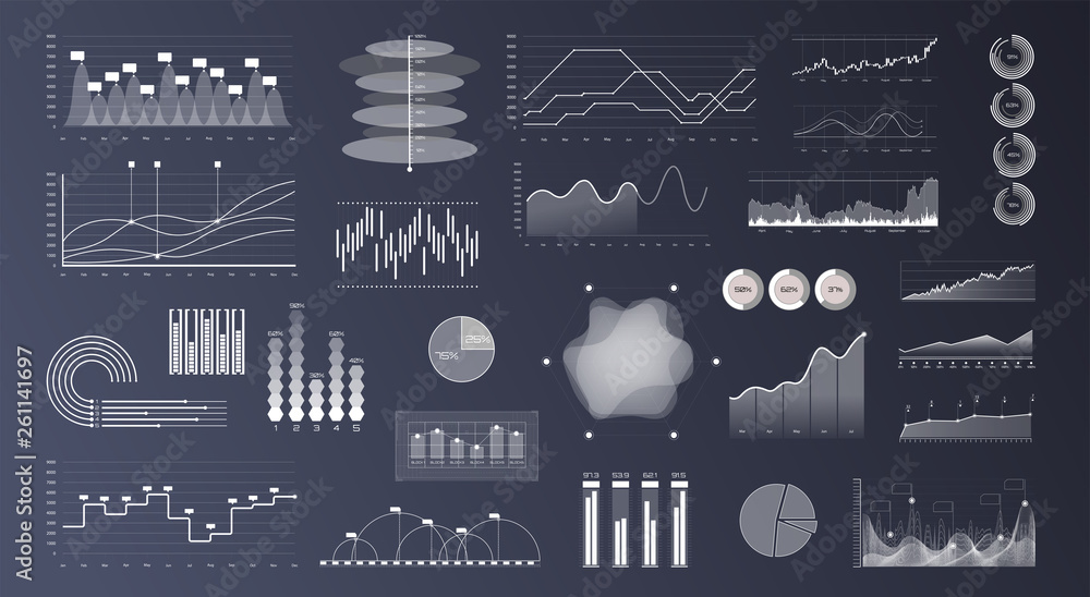 Poster Linear Graph chart. Marketing investment isolated vector sign set. Thin line charts, modern statistics graphs and circular bar progress presentation diagram, circular progress statistic comparison bar