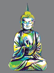 Buddha. Multicolored stylish pattern. Buddha head Yoga, Nirvana print.