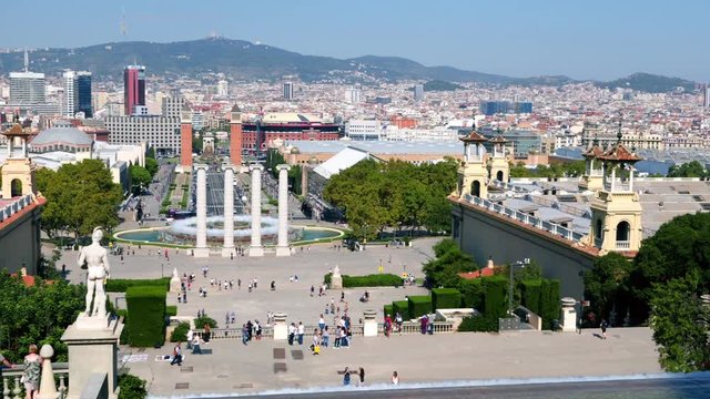 Scenic panorama of a Barcelona from a Montjuic hill. Wiev on a Placa de Josep Puig i Cadafalch, Magic Fountain of Montjuic, Avinguda de la Reina Maria Cristina and Placa de Espagna in Barcelona, Spain