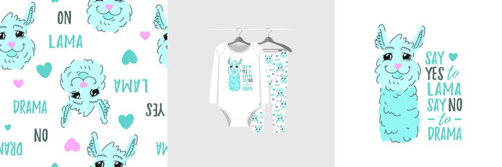 Seamless pattern and illustration for kid with lama, quote Say yes to lama. Cute design pajamas on hanger. Baby background for clothes wear fashion, room decor, t-shirt print, wrapping, baby shower © stocklene