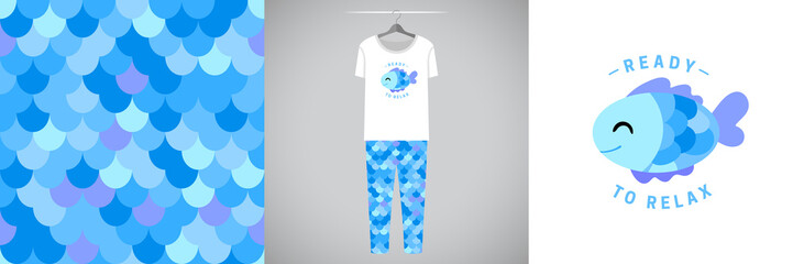 Seamless fish scale pattern and illustration for kid with fish and quote Ready to relax. Cute design pajamas on hanger. Baby background for clothes, birthday decor, t-shirt print, kids wear fashion © stocklene