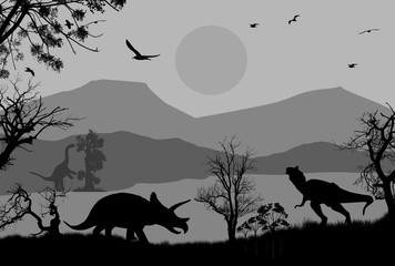 Dinosaurs silhouettes in beautiful landscape, vector illustration