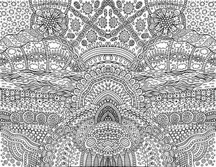 Psychedelic tribal outline symmetrical background. Fantastic cartoon doodle ornament. Coloring page for adults. Vector illustration