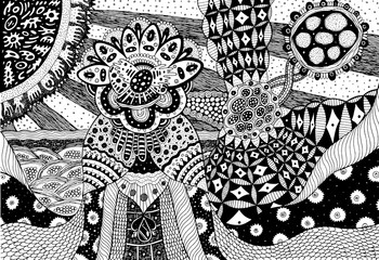 Fantastic creature with floral head. Surreal fantasy artwork. Cthulhu inspired chthonic character. Coloring page for adults. Vector illustration