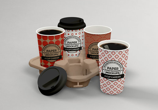 4 Coffee Cups Carrier Mockup