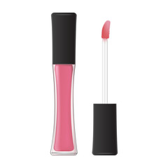 Liquid lipstick. Lip gloss in glass bottle. Container with brush. Cosmetics template design. 3d realistic packaging.