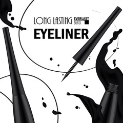 Beautiful Eyeliner Pen Poster for the promotion of cosmetic premium product. Cosmetic ads for packaging  with liquid smear ink elements. Design of New Product.