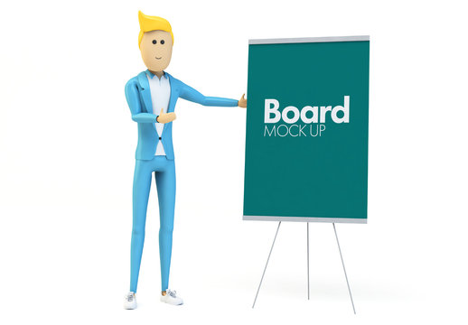 Cartoon Businessman with Whiteboard Mockup