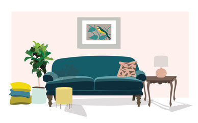 vector interior design illustration. home house decor decoration. furniture living room lounge. sofa armchair table coffee lamp cushion plant vase. modern contemporary designer trendy style. trend. 