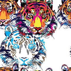 Seamless pattern with tigers. Pop Art. Stylish colorful background. Summer print. Figure markers.
