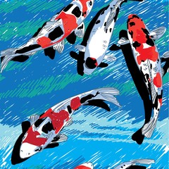 Seamless pattern with koi carps. Fish in the pond. Multi-colored carps. Stylish pattern, Japanese pattern.