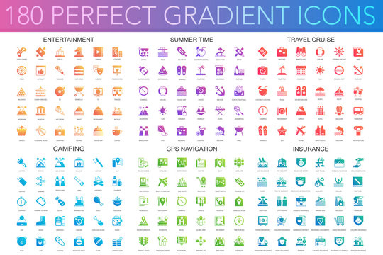 180 trendy perfect gradient icons set of entertainment, summer time, travel cruise, camping, gps navigation, insurance.