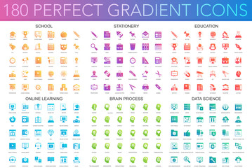 180 trendy perfect gradient icons set of school, stationery, education, online learning, brain process, data science icons.