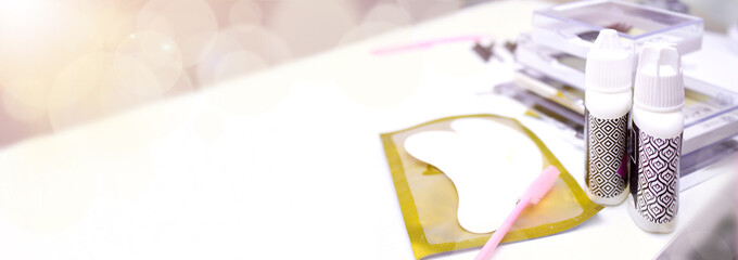 Exstra wide banner Eyelash Extension Procedure background. tools. glue, tweezers, brushes. - Beauty...