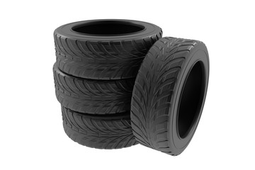 Car wheels tires set isolated on white background. 3d realistic auto tire illustration. For banner design poster.