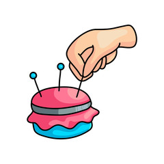 Take metal needle from soft textile red pillow