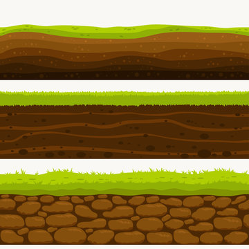 Soil Seamless Layers Ground Layer. Stones And Grass On Dirts. Vector