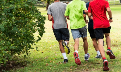 Four boys running around a bush in a park