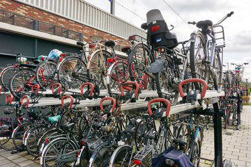 Multi level bicycle storage system with locks in Utrecht The Netherlands