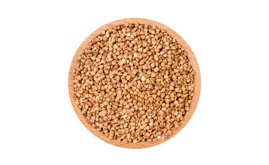 roasted buckwheat  in wooden bowl isolated on white background. nutrition. food ingredient.top view.