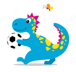 Cute and cartoon dinosaur with a soccer ball in its paws. Vector illustration on white background.