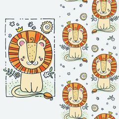 Set of seamless cute childish pattern and doodle cut image with hand drawn cute animals. Creative doodle kids texture for fabric, wrapping, textile, wallpaper, prints, apparel
