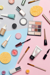 Set of decorative cosmetic on the color background
