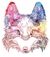 Head of a fox. Meditation, coloring of the mandala. Fluffy face with large ears. Drawing manually, templates. Strips, points, arrows. Spots of paint, spray.