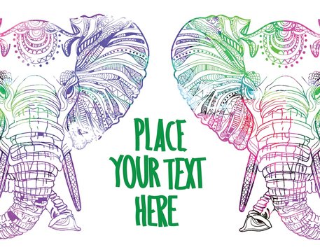 The head of an elephant. Meditation, coloring of the mandala. Large horns and long trunk. Elephant with tusks.  Background for text
