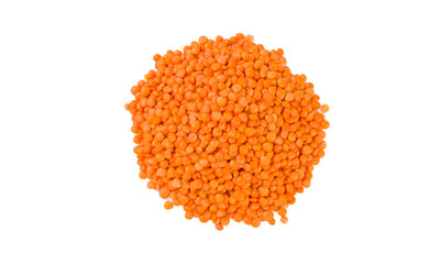 red lentils heap isolated on white background. nutrition. bio. natural food ingredient.top view.