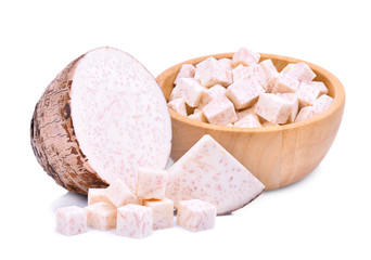 sliced taro root isolated on white background