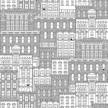 Hand drawn seamless pattern of American brick houses with cats in the windows